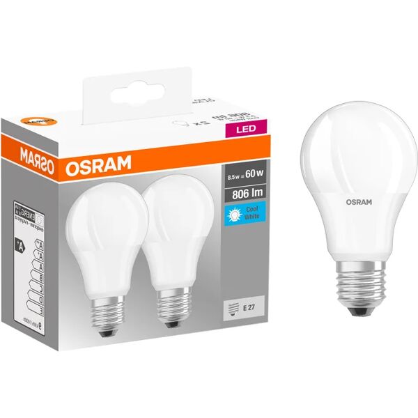 osram set da 2 lampadine led, goccia, opaco, luce fredda, 8.5w=806lm (equiv 60 w), 200° ,