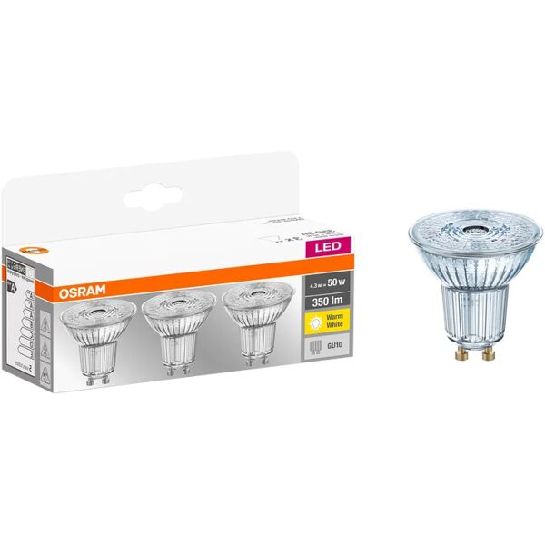 osram set da 3 lampadine led, faretto, trasparente, luce calda, 4.3w=350lm (equiv 50 w), 36° ,