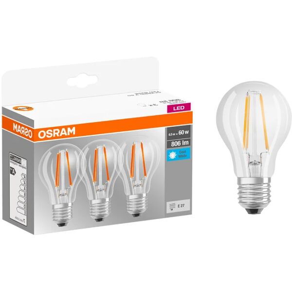 osram set da 3 lampadine led, goccia, opaco, luce naturale, 6.5w=806lm (equiv 60 w), 300° ,