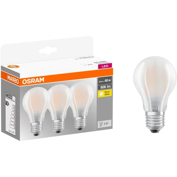 osram set da 3 lampadine led, goccia, smerigliato, luce calda, 6.5w=806lm (equiv 60 w), 300° ,