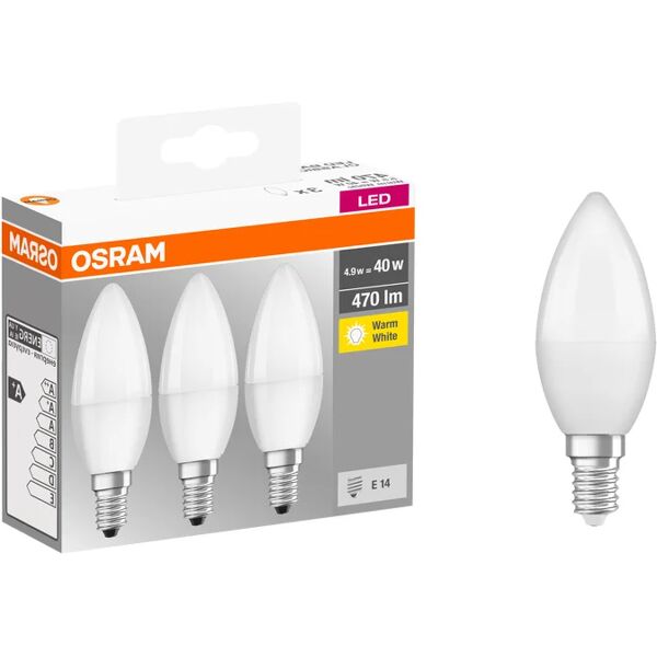 osram set da 3 lampadine led, goccia, opaco, luce calda, 5.5w=470lm (equiv 40 w), 240° ,