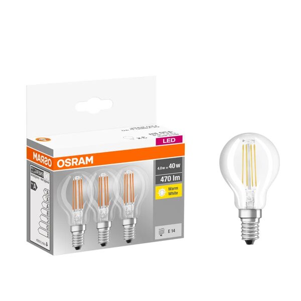 osram set da 3 lampadine led, sferico, trasparente, luce calda, 4w=470lm (equiv 40 w), 300° ,