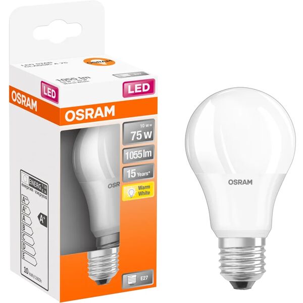 osram lampadina led, goccia, opaco, luce calda, 10w=1055lm (equiv 75 w), 200° ,