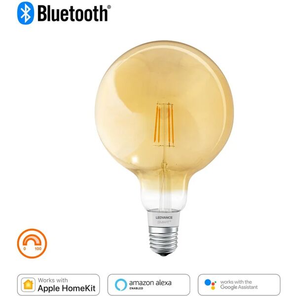 ledvance lampadina smart wifi, led filamento, globo, metallo oro, luce calda, 6w=600lm (equiv 45 w), 300° dimmerabile,