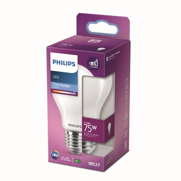 philips lampadina led, goccia, smerigliato, luce fredda, 8.5w=1055lm (equiv 75 w), 360° ,