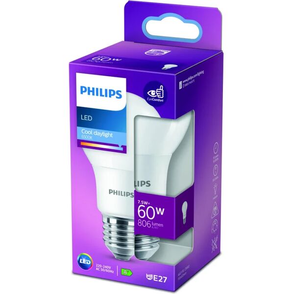 philips lampadina led, goccia, smerigliato, luce fredda, 7.5w=806lm (equiv 60 w), 360° ,