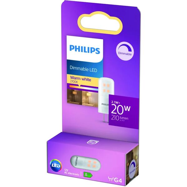 philips lampadina led, capsula, opaco, luce calda, 2.1w=210lm (equiv 20 w), 360° dimmerabile,