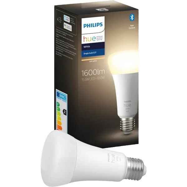 philips lampadina smart hue white bluetooth, led, goccia, opaco, luce calda, 15.5w=1600lm (equiv 100 w), 150° dimmerabile,