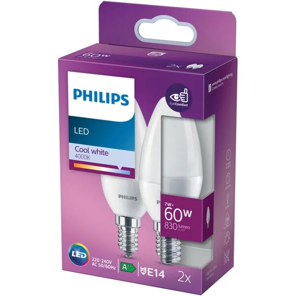 philips set da 2 lampadine led, oliva, opaco, luce naturale, 7w=830lm (equiv 60 w), 200° ,