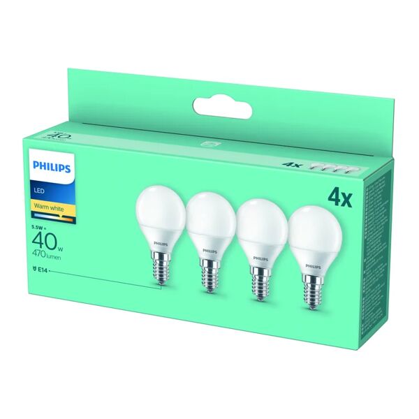 philips set da 4 lampadine led, sferico, opaco, luce calda, 5.5w=470lm (equiv 40 w), 200° ,