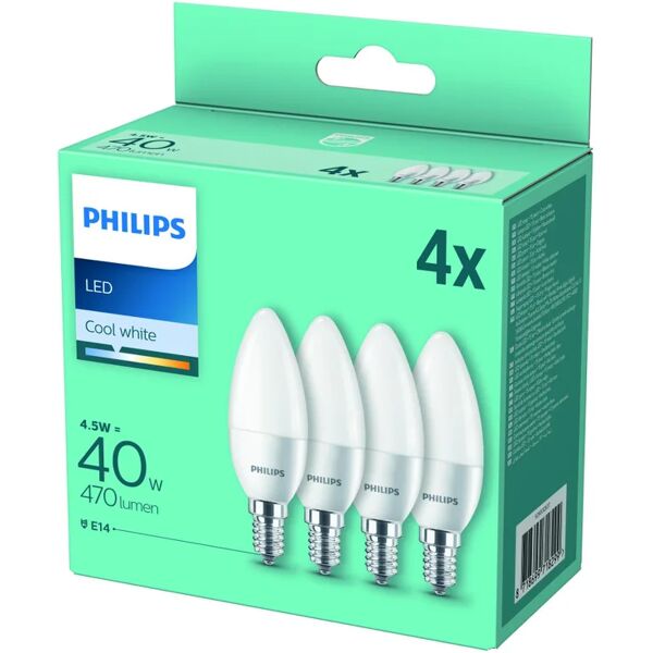 philips set da 4 lampadine led, oliva, opaco, luce naturale, 4.5w=470lm (equiv 40 w), 200° ,