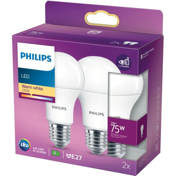 philips set da 2 lampadine led, goccia, opaco, luce calda, 11w=1055lm (equiv 75 w), 200° ,