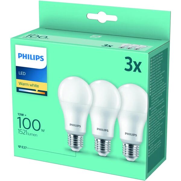 philips set da 3 lampadine led, goccia, opaco, luce calda, 13w=1521lm (equiv 100 w), 200° ,