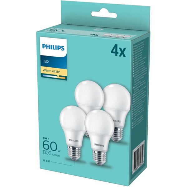 philips set da 4 lampadine led, goccia, opaco, luce calda, 8w=806lm (equiv 60 w), 200° ,