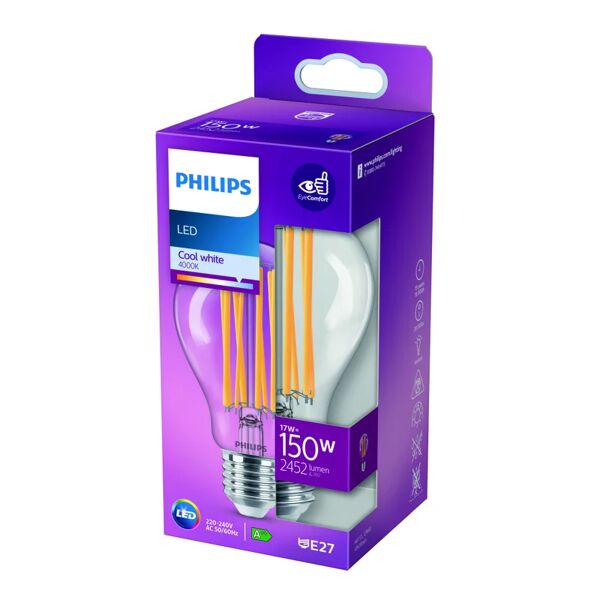 philips lampadina led, goccia, trasparente, luce naturale, 17w=2452lm (equiv 150 w), 200° ,