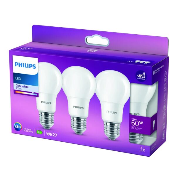 philips set da 3 lampadine led, goccia, opaco, luce naturale, 7.5w=806lm (equiv 60 w), 200° ,