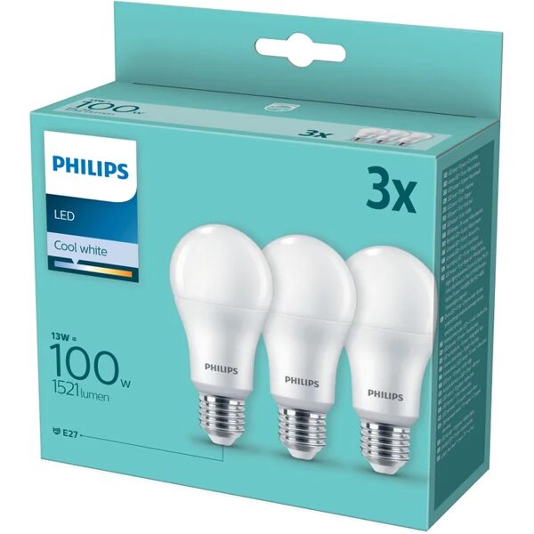 philips set da 3 lampadine led, goccia, opaco, luce naturale, 14w=1521lm (equiv 100 w), 200° ,