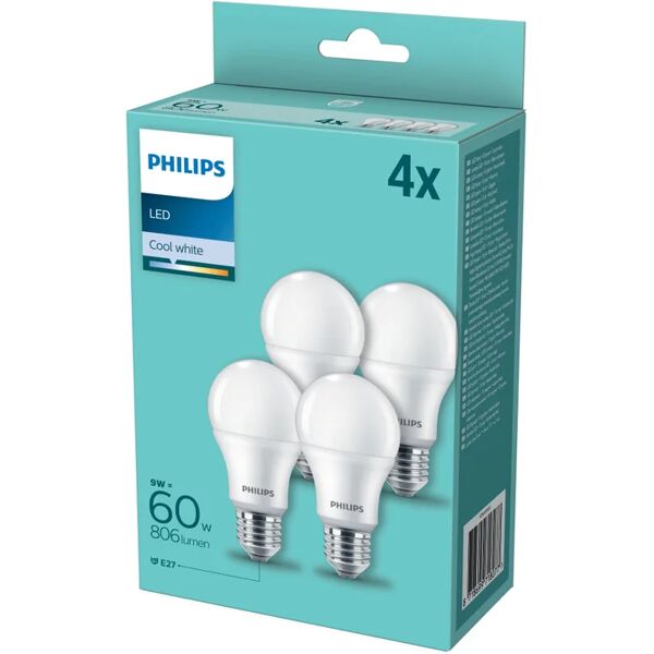 philips set da 4 lampadine led, goccia, opaco, luce naturale, 9w=806lm (equiv 60 w), 200° ,