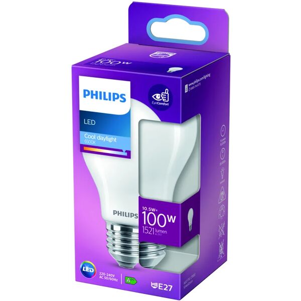 philips lampadina led, goccia, opaco, luce fredda, 10.5w=1521lm (equiv 100 w), 360° ,