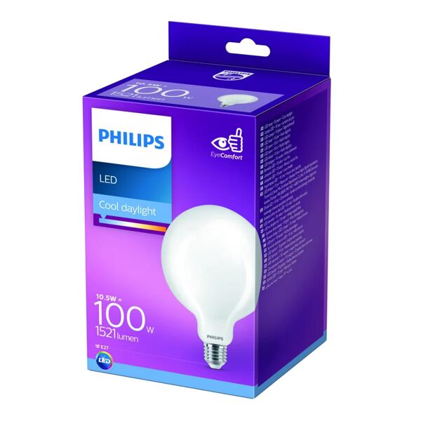 philips lampadina led, globo, opaco, luce fredda, 10.5w=1521lm (equiv 200 w), 200° ,