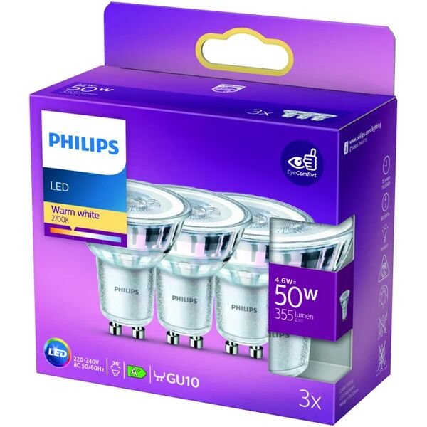 philips set da 3 lampadine led, faretto, opaco, luce calda, 4.6w=400lm (equiv 50 w), 200° ,