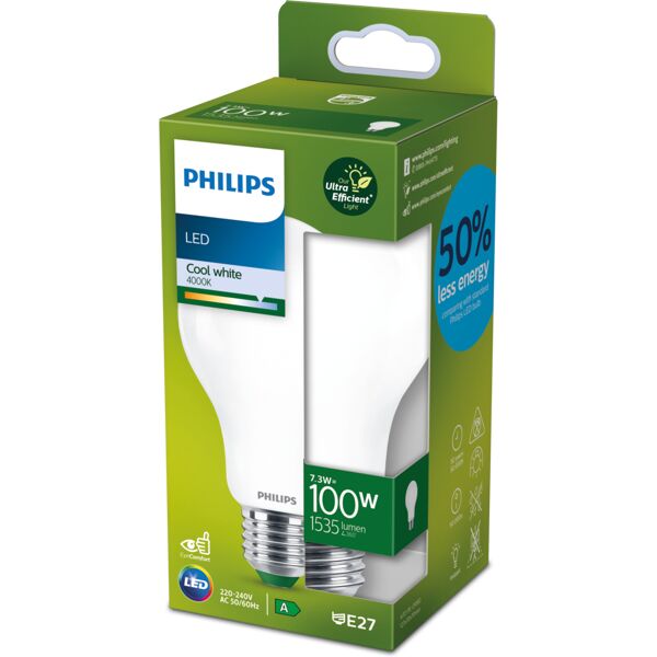 philips lampadina lecl100e27fr40a, led, goccia, trasparente, luce naturale, 7.3w=1535lm (equiv 100 w), 180° ,