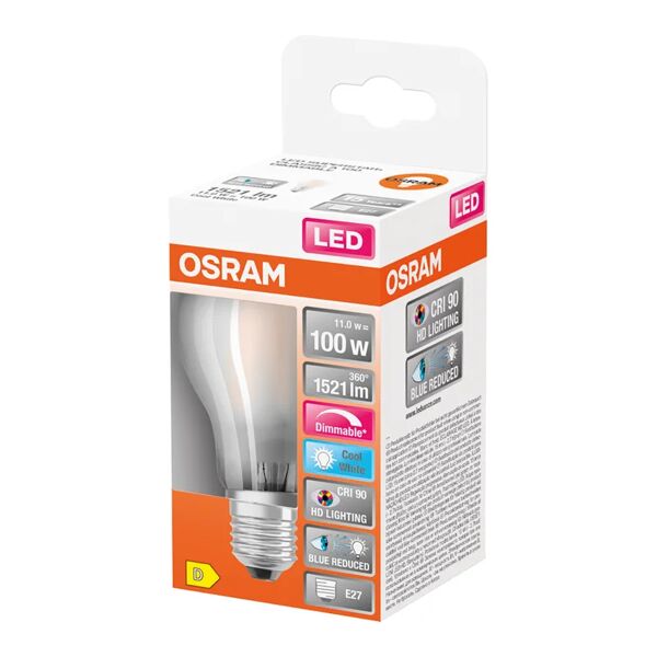 osram lampadina led, goccia, smerigliato, luce naturale, 11w=1521lm (equiv 100 w), 300° dimmerabile,