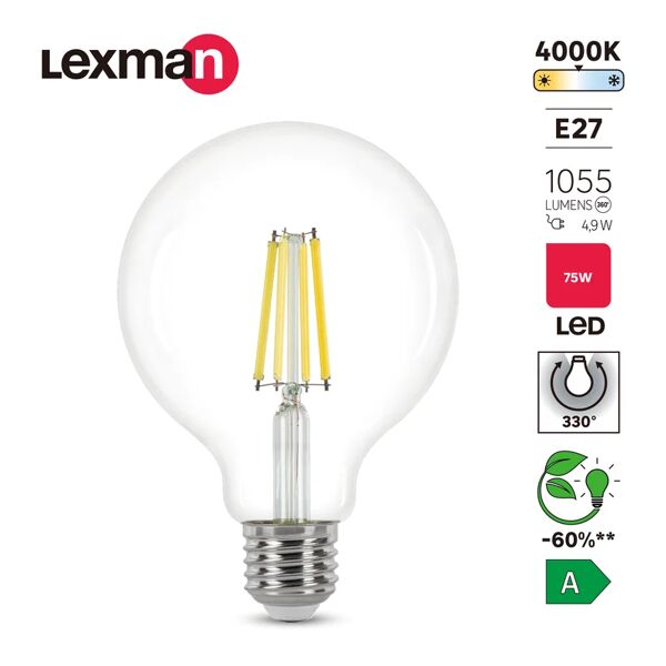 lexman lampadina led, globo, trasparente, luce naturale, 4.9w=1055lm (equiv 75 w), 330° ,