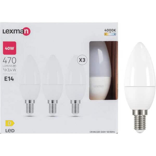 lexman set da 3 lampadine led, oliva, trasparente, luce naturale, 3.4w=470lm (equiv 40 w), 300° ,