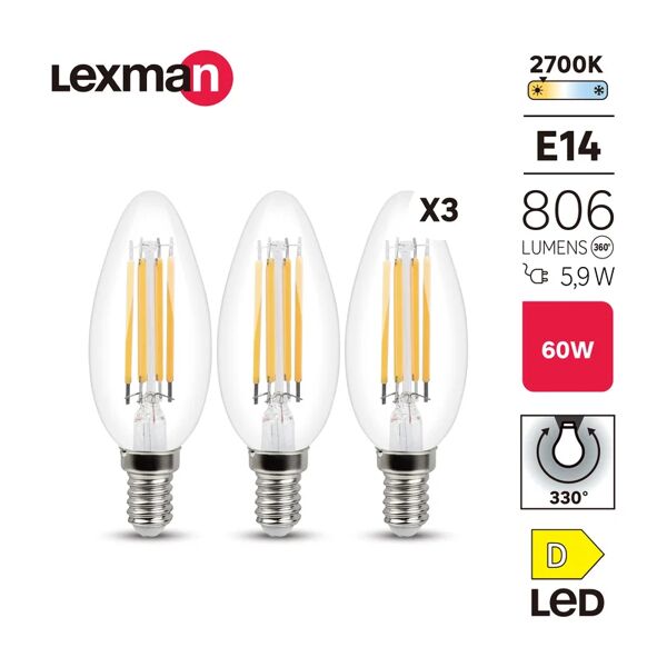 lexman set da 3 lampadine led, oliva, trasparente, luce calda, 5.9w=806lm (equiv 60 w), 330° ,