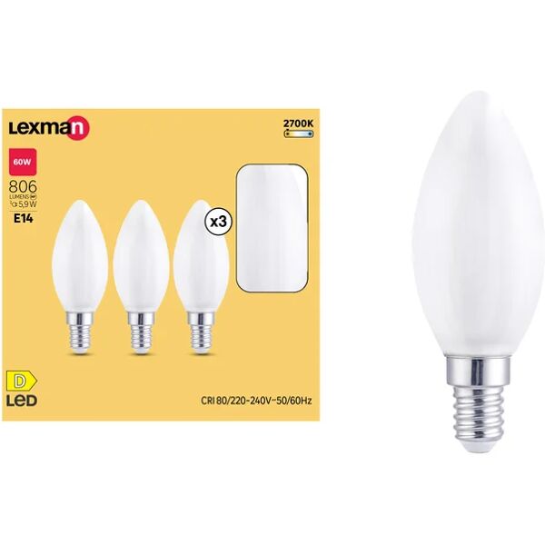 lexman set da 3 lampadine led filamento, oliva, opaco, luce calda, 5.9w=806lm (equiv 60 w), 330° ,