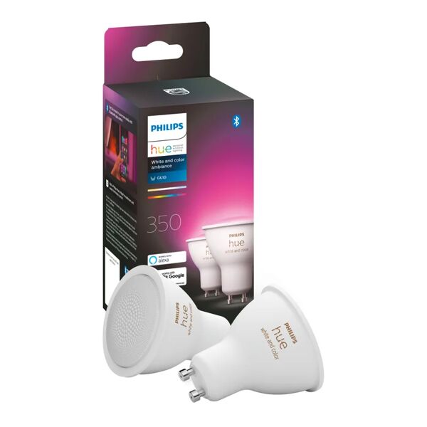 philips set da 2 lampadine hue color, led, faretto, trasparente, luce cct e rgb, 5.7w=350lm (equiv 5.7 w), 200° dimmerabile,