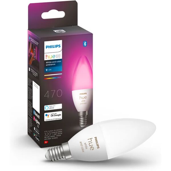 philips lampadina smart hue color, led, oliva, trasparente, luce cct e rgb, 5.3w=470lm (equiv 5,3 w), 200° dimmerabile,