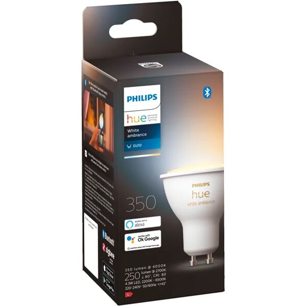 philips lampadina smart hue white ambiance, led, faretto, trasparente, cct, 5w=350lm (equiv 6 w), 200° dimmerabile,