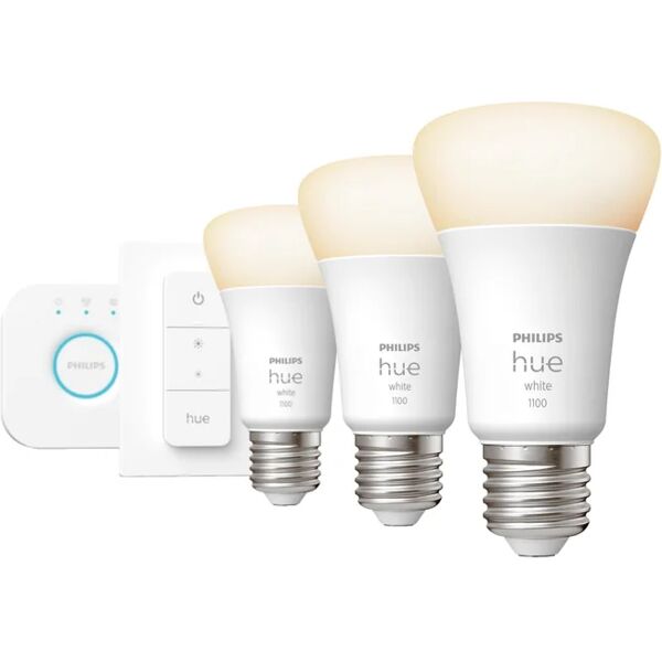 philips set da 3 lampadine hue white starter kit bridge, led, goccia, trasparente, luce calda, 9.5w=1055lm (equiv 9.5 w), 200° dimmerabile,