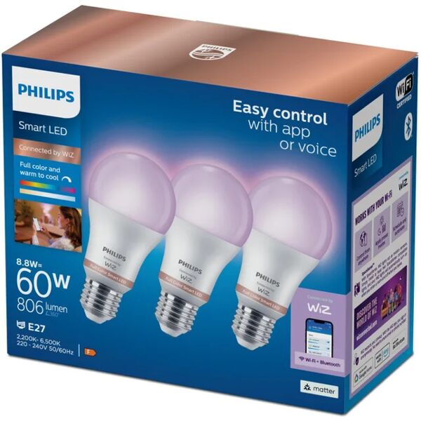 philips set da 3 lampadine risparmio energetico, led, goccia, opaco, luce cct e rgb, 8.5w=806lm (equiv 60 w), 360° dimmerabile,