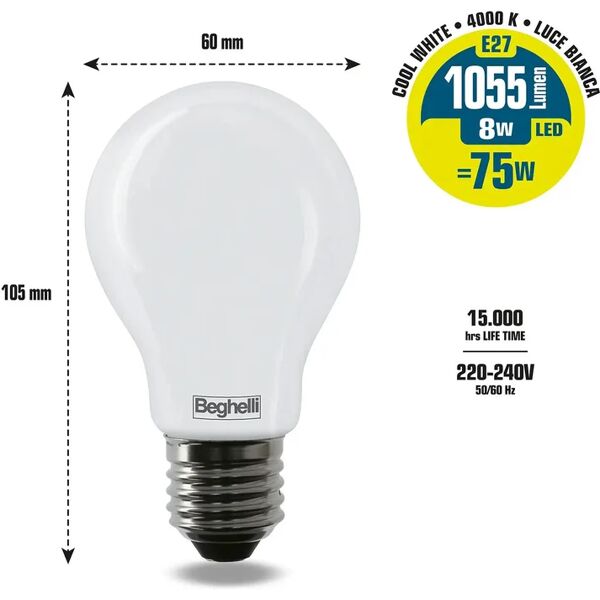 beghelli set da 3 lampadine tvetro ledop 3pz goc 8w e27 4k, led, goccia, opaco, 8w=360° ,