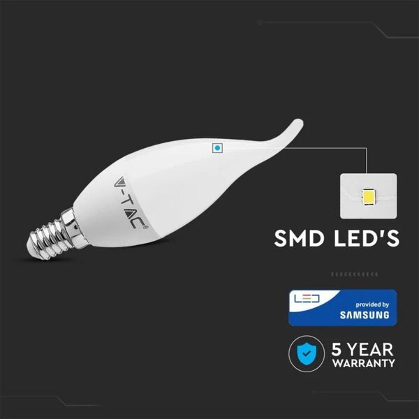 v-tac lampadina led chip samsung e14 5,5w candela a fiamma 6400k