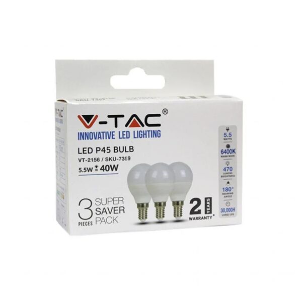 v-tac lampadina led e14 5,5w p45 6400k (box 3 pezzi)