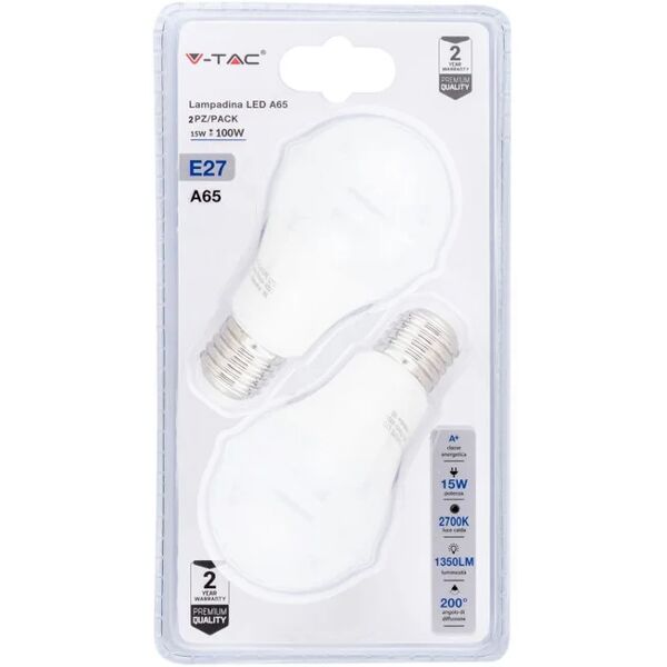 v-tac lampadina led e27 15w 100lm/w a65 2700k (blister 2 pezzi)