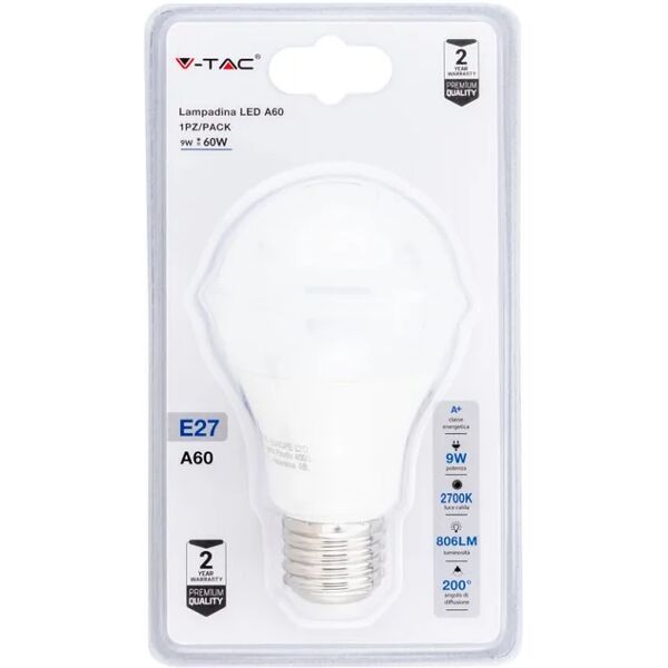 v-tac lampadina led e27 9w a60 2700k (blister 1 pezzo)