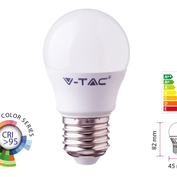 v-tac lampada a led e27 cri 95 g45 5,5w 470lm caldo 2700k forma sfera bulbo pallina sku-7491