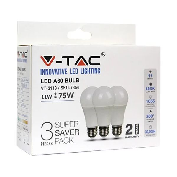 v-tac lampadina led e27 11w a60 6400k (box 3 pezzi)