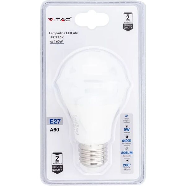 v-tac lampadina led e27 9w a60 6400k (blister 1 pezzo)