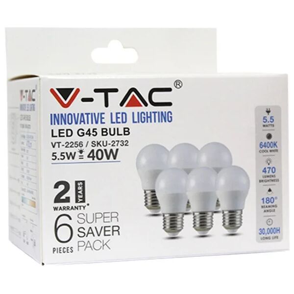 v-tac lampadina led e27 5,5w g45 6400k (box 6 pezzi)