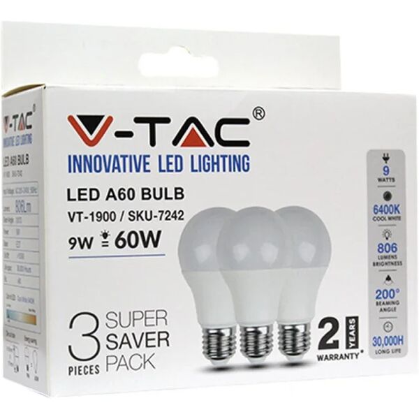 v-tac lampadina led e27 9w a60 6400k (box 3 pezzi)