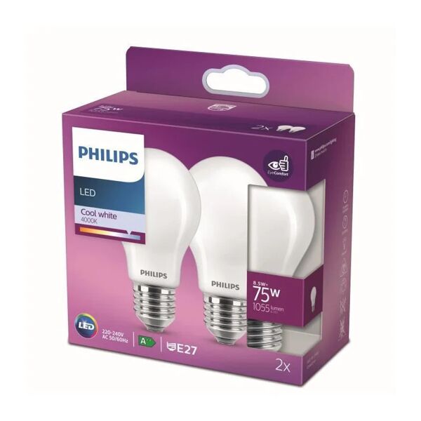 philips lampadina a led in vetro  goccia 75w e27 4000k, luce bianca 2 pz