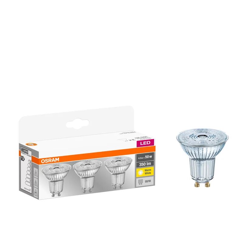 osram set da 3 lampadine led, faretto, trasparente, luce calda, 4.3w=350lm (equiv 50 w), 36° ,