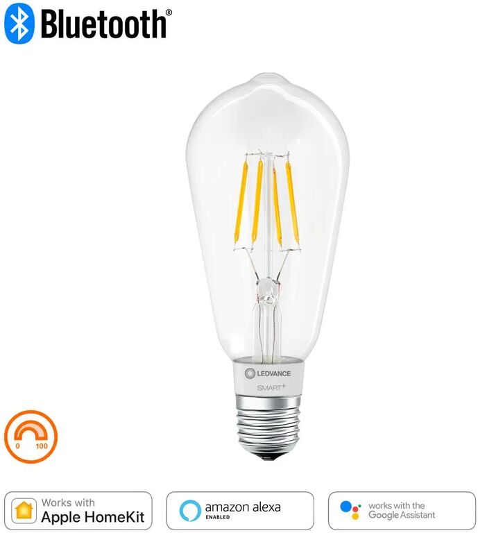 ledvance lampadina smart wifi, led filamento, goccia, trasparente, luce calda, 6w=650lm (equiv 50 w), 300° dimmerabile,