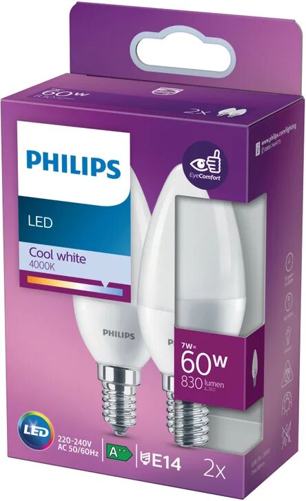 philips set da 2 lampadine led, oliva, opaco, luce naturale, 7w=830lm (equiv 60 w), 200° ,